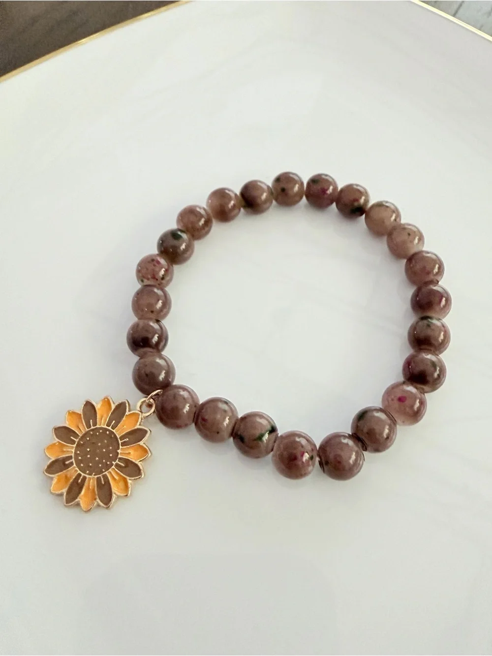 Gold Sunflower Charm Brown Bead Stretch Bracelet Fall Festive Jewelry
